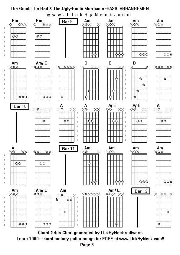 Chord Grids Chart of chord melody fingerstyle guitar song-The Good, The Bad & The Ugly-Ennio Morricone -BASIC ARRANGEMENT,generated by LickByNeck software.